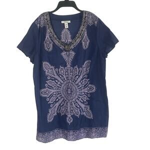 Womens Lightweight Breathable Beaded Cotton Boho Mandala V-Neck Tunic Size 18W
